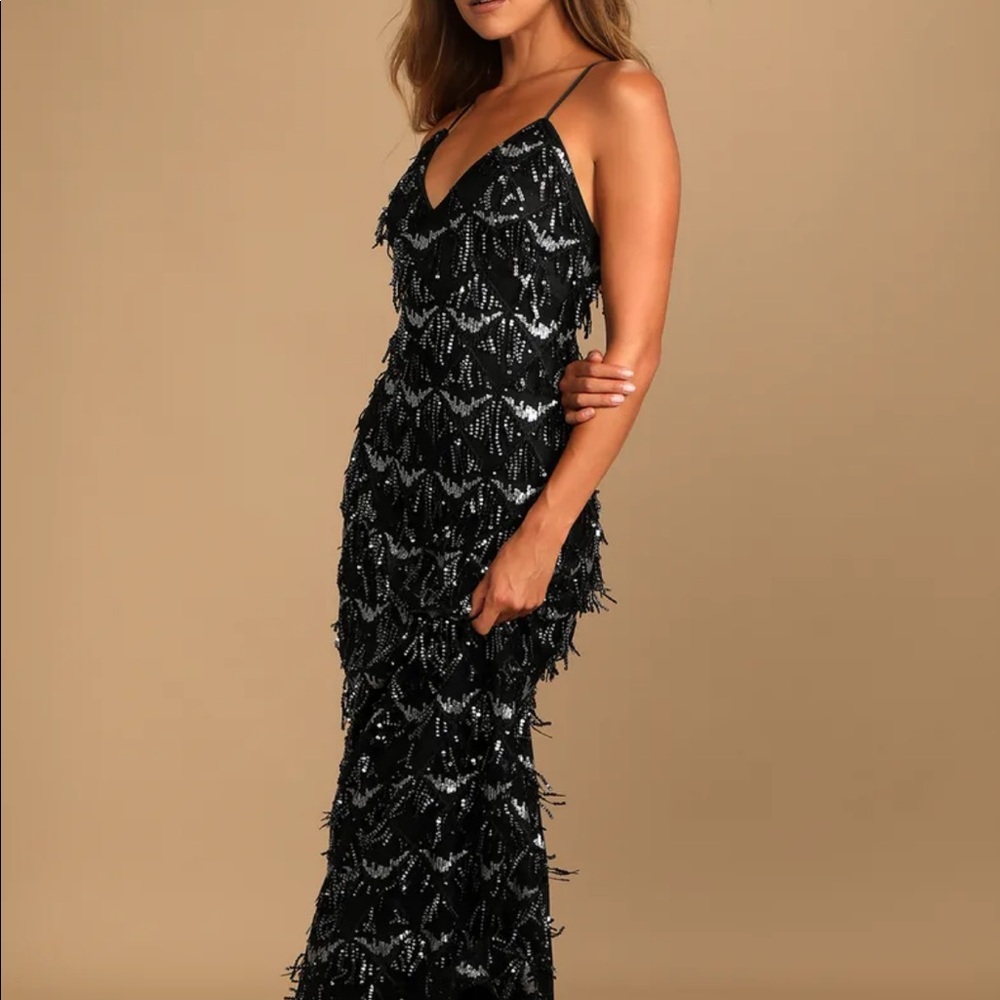 Black sequin fringe maxi dress